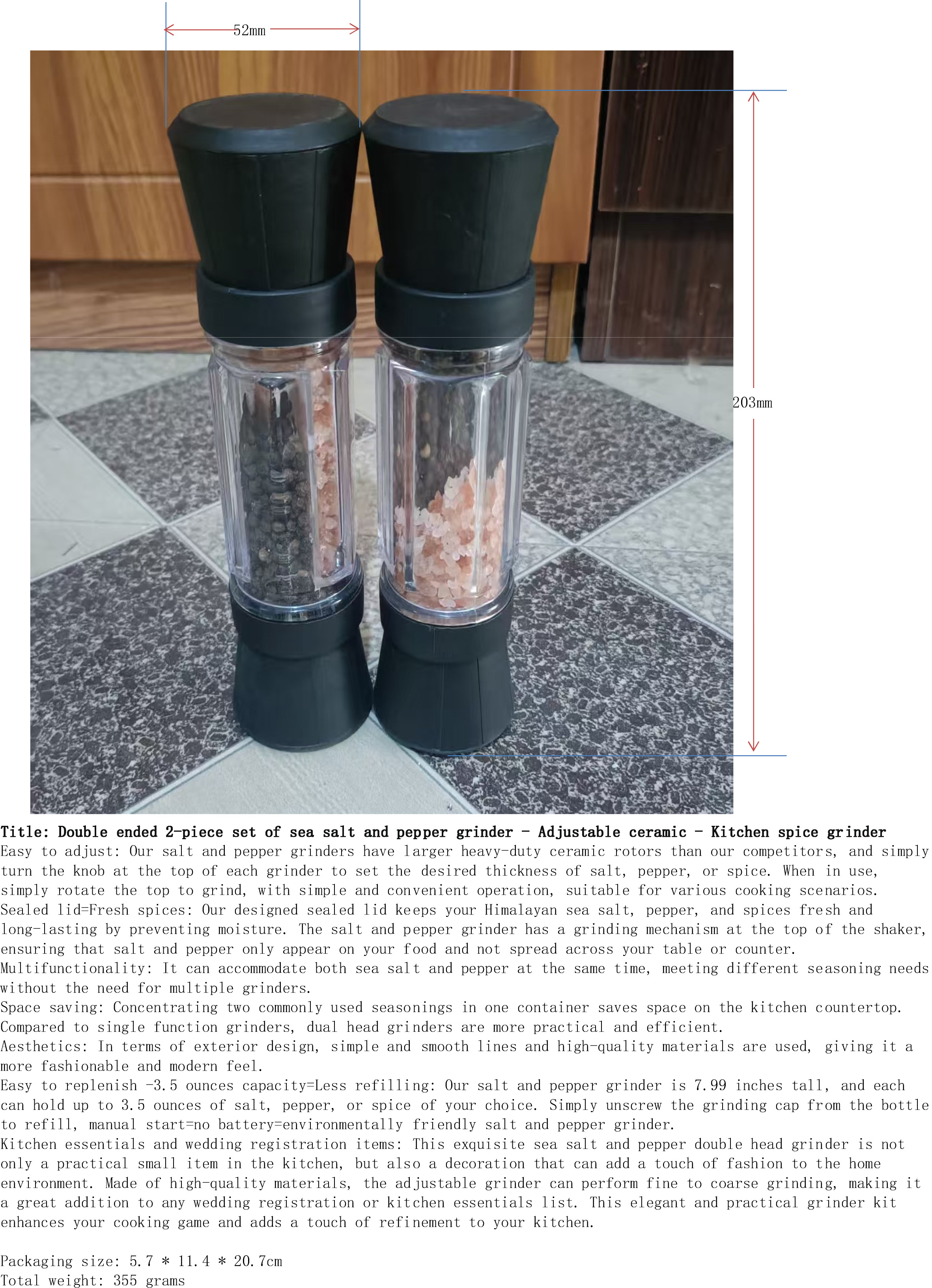 海盐与胡椒研磨器双头2件套-可调陶瓷-厨房香料磨