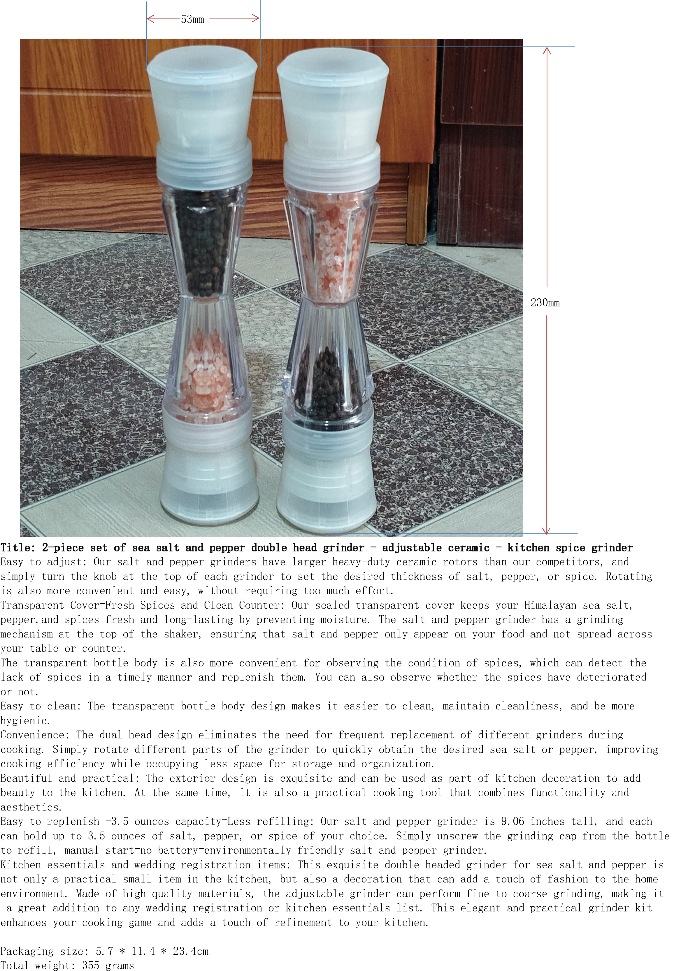 海盐与胡椒双头研磨器2件套-可调陶瓷-厨房香料磨