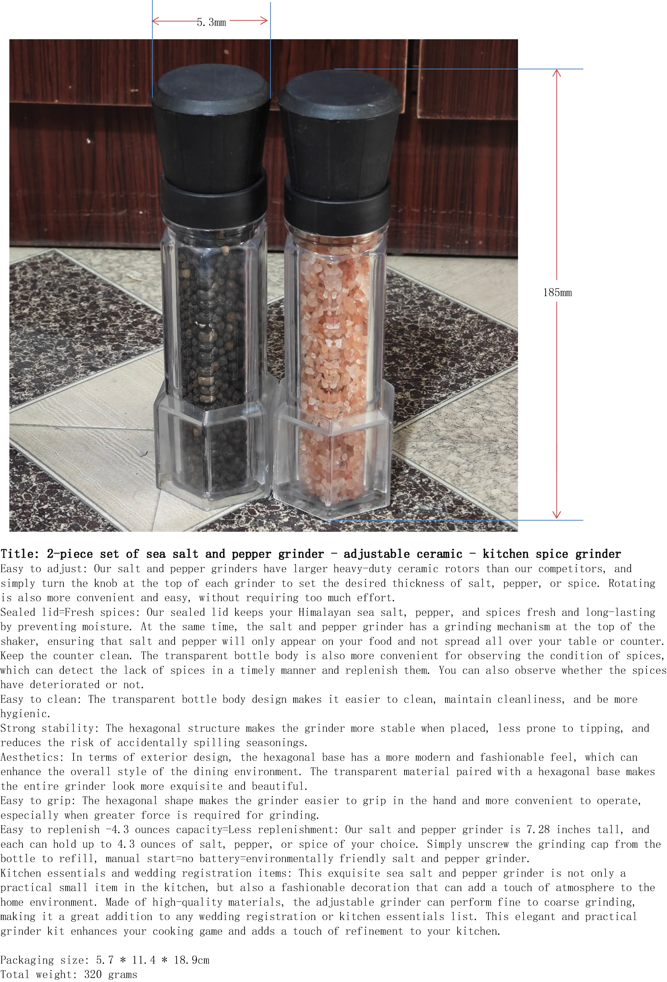 海盐与胡椒研磨器2件套-可调陶瓷-厨房香料磨