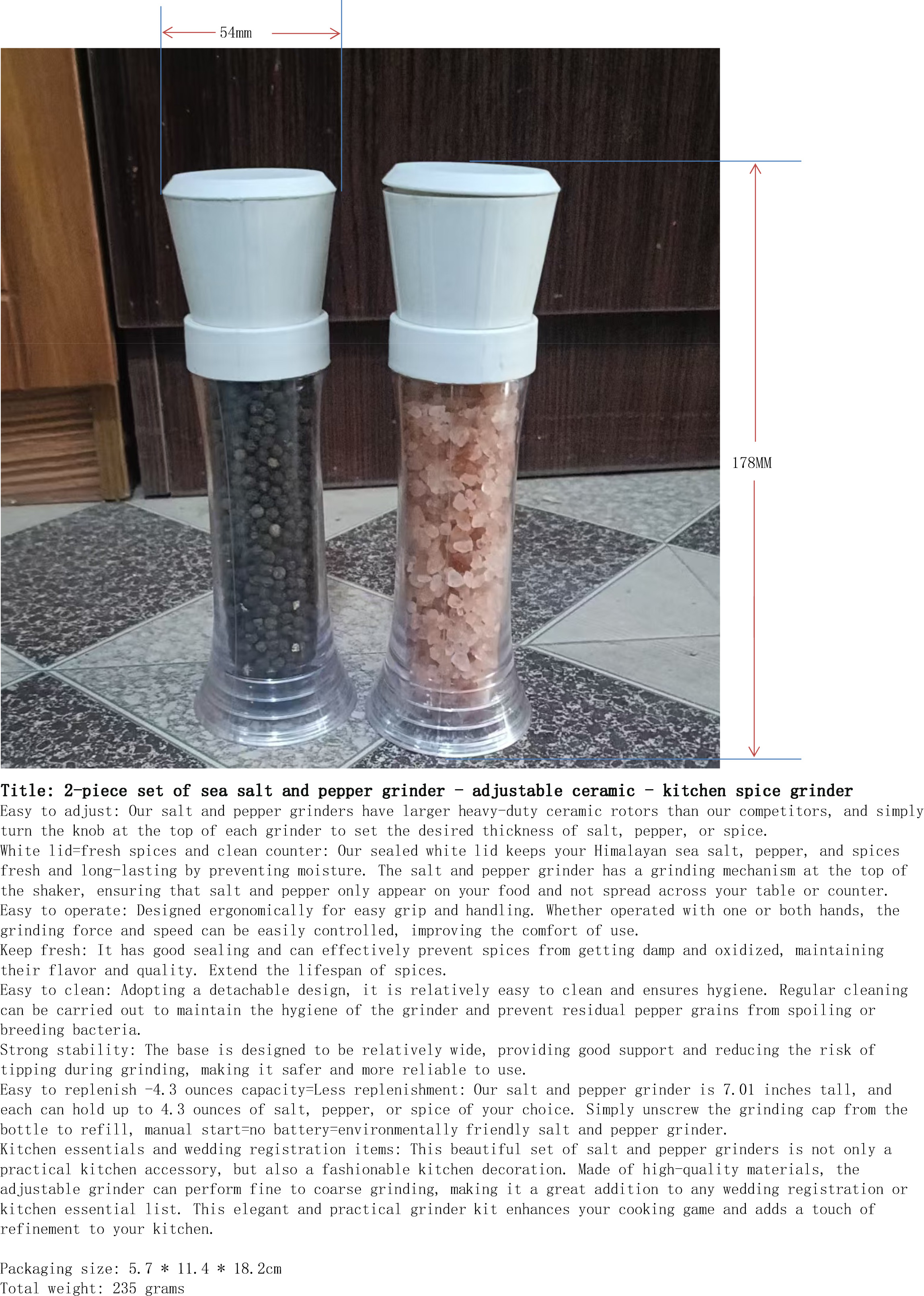 海盐与胡椒研磨器2件套-可调陶瓷-厨房香料磨