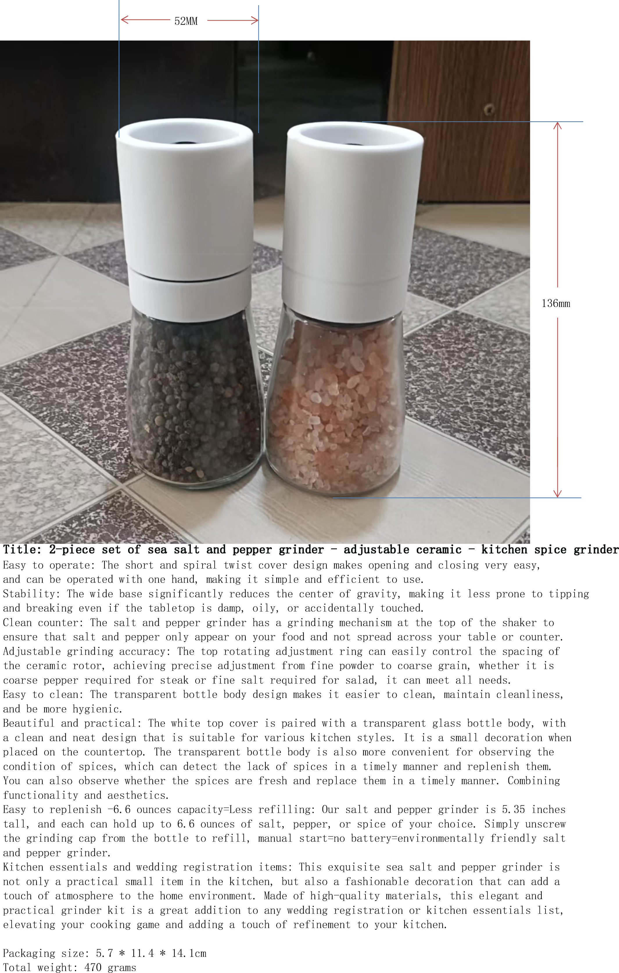 海盐与胡椒研磨器2件套-可调陶瓷-厨房香料磨