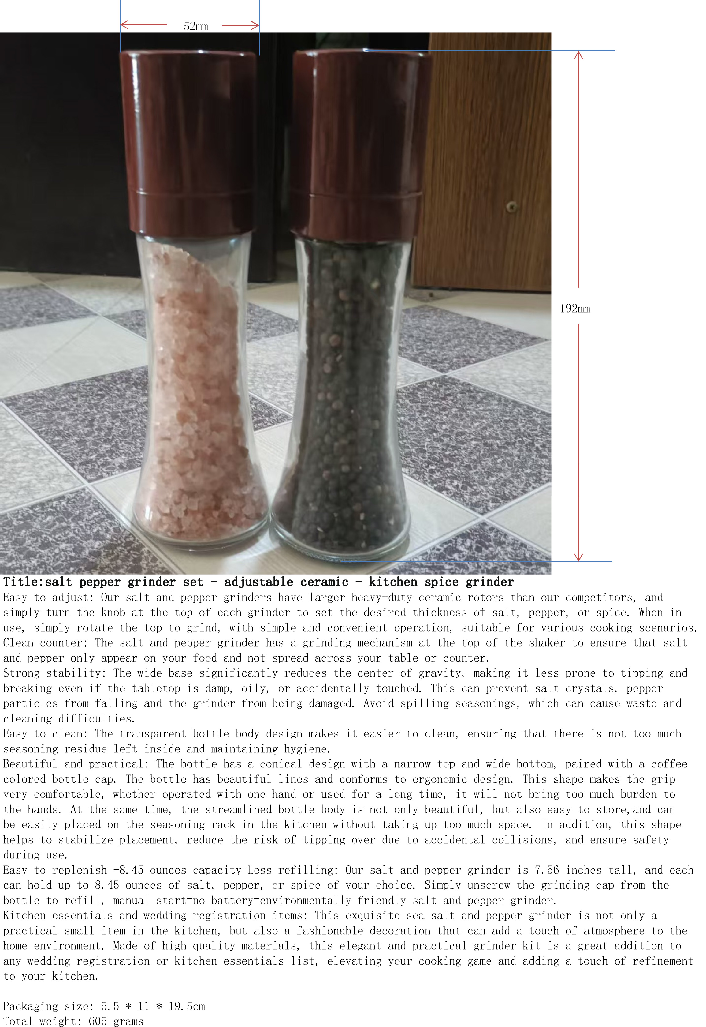 海盐与胡椒研磨器2件套-可调陶瓷-厨房香料磨