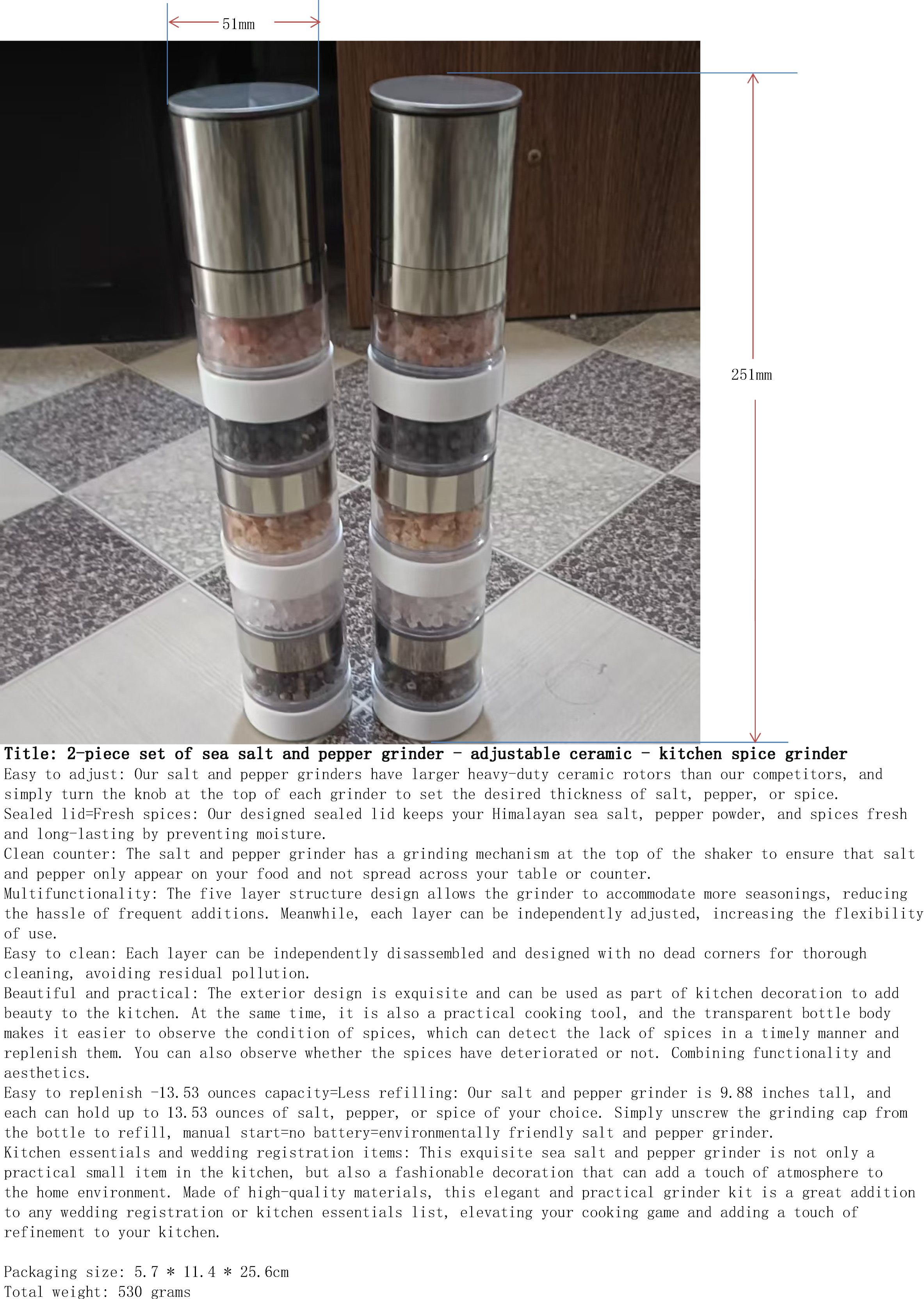 海盐与胡椒研磨器2件套-可调陶瓷-厨房香料磨