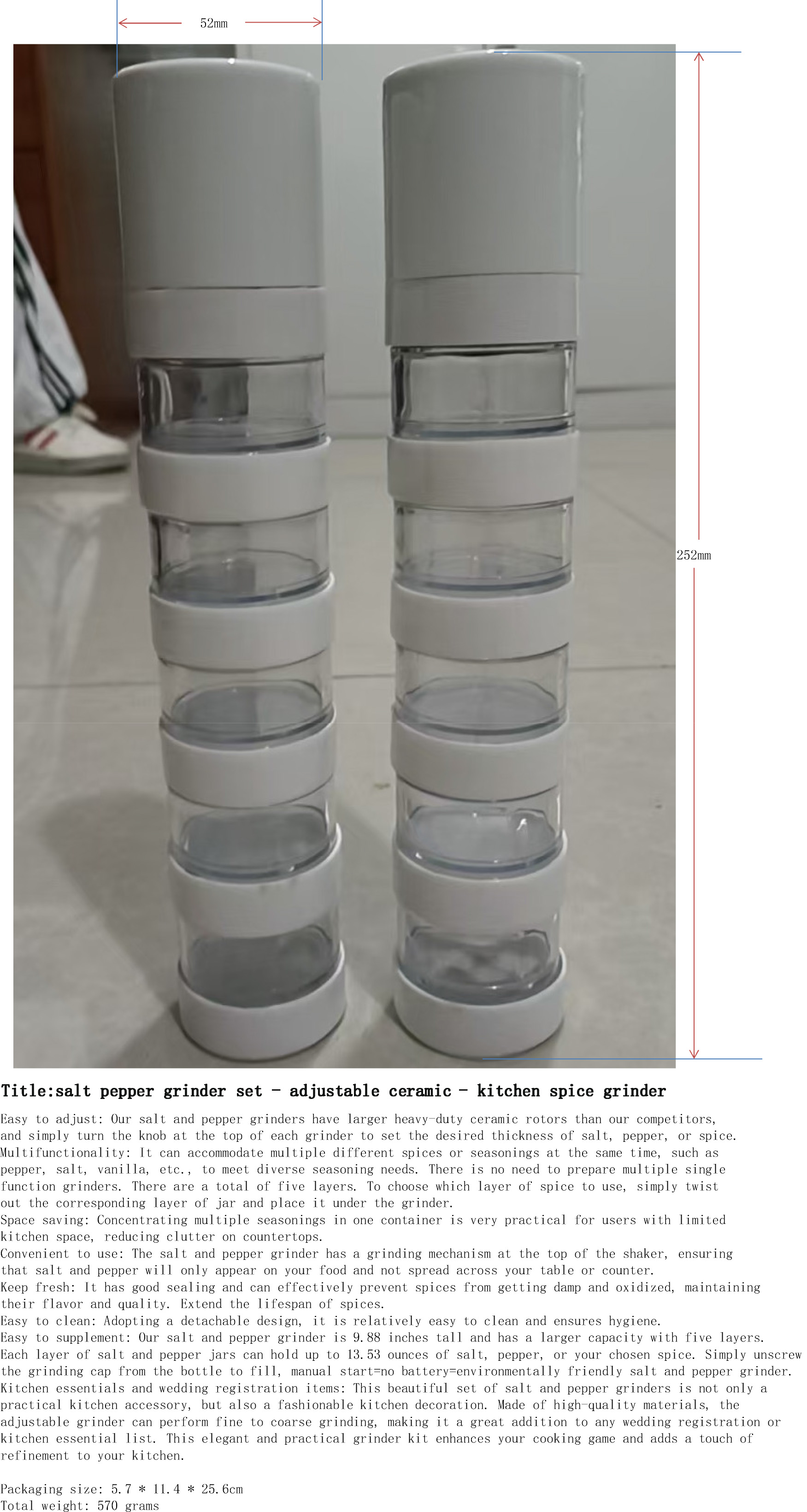 海盐与胡椒研磨器2件套-可调陶瓷-厨房香料磨