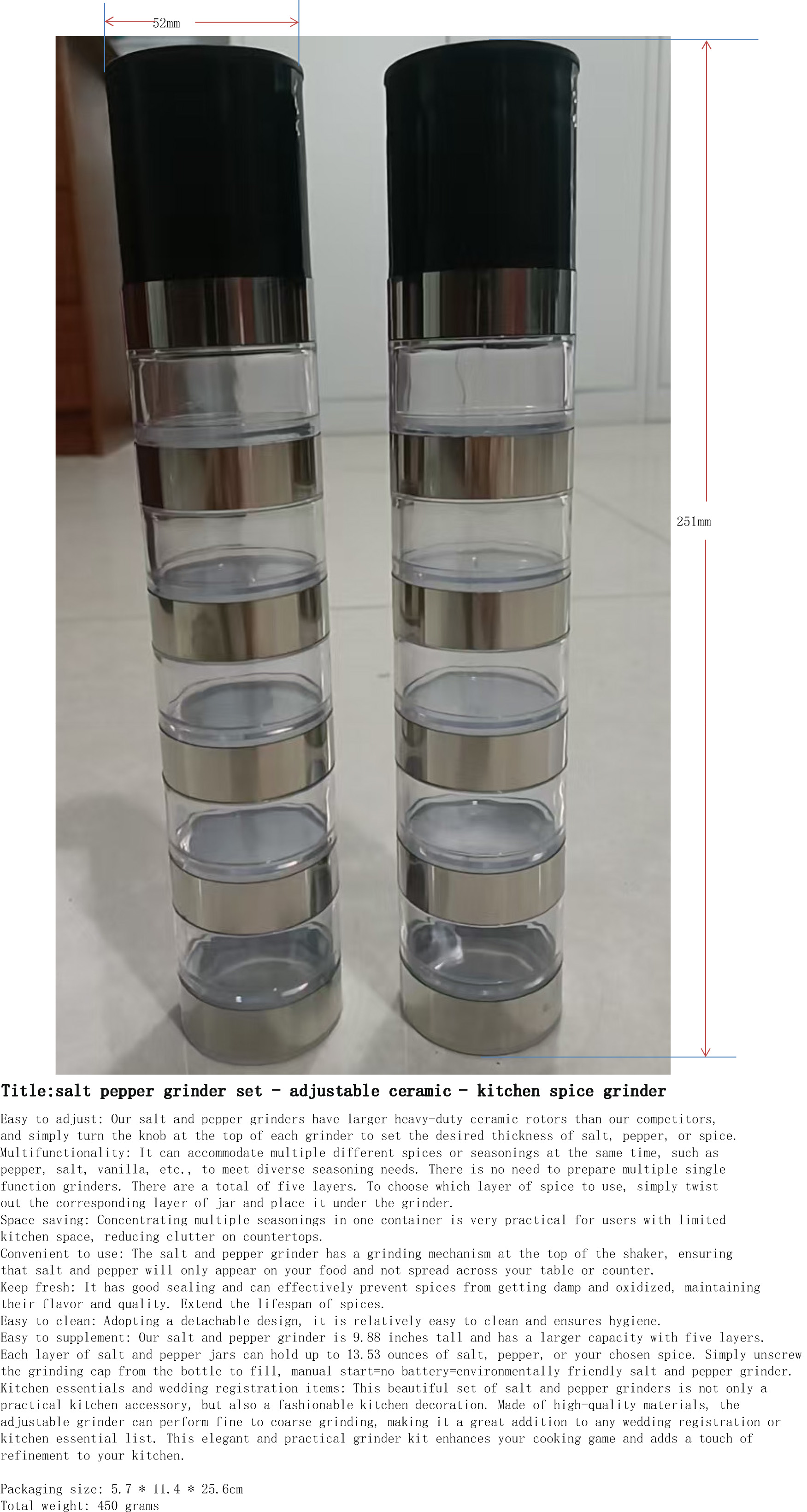 海盐与胡椒研磨器2件套-可调陶瓷-厨房香料磨