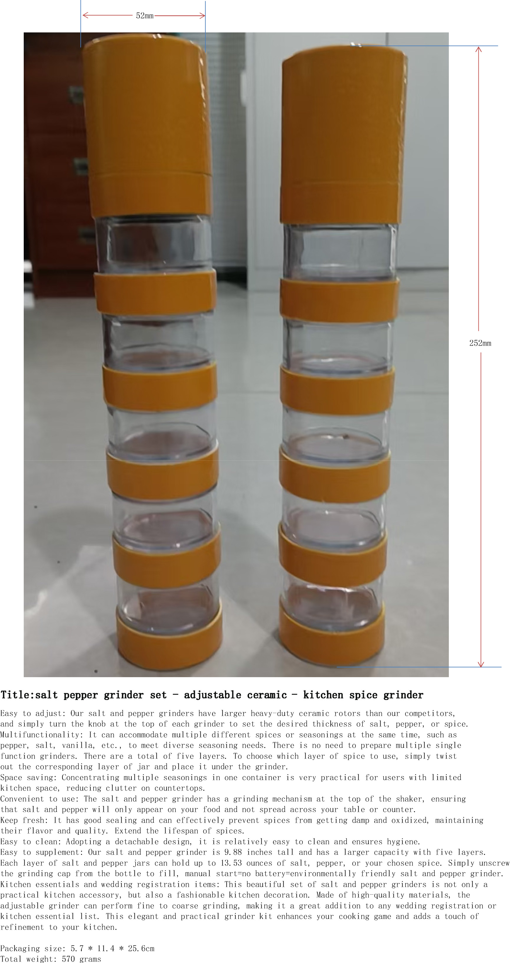 海盐与胡椒研磨器2件套-可调陶瓷-厨房香料磨