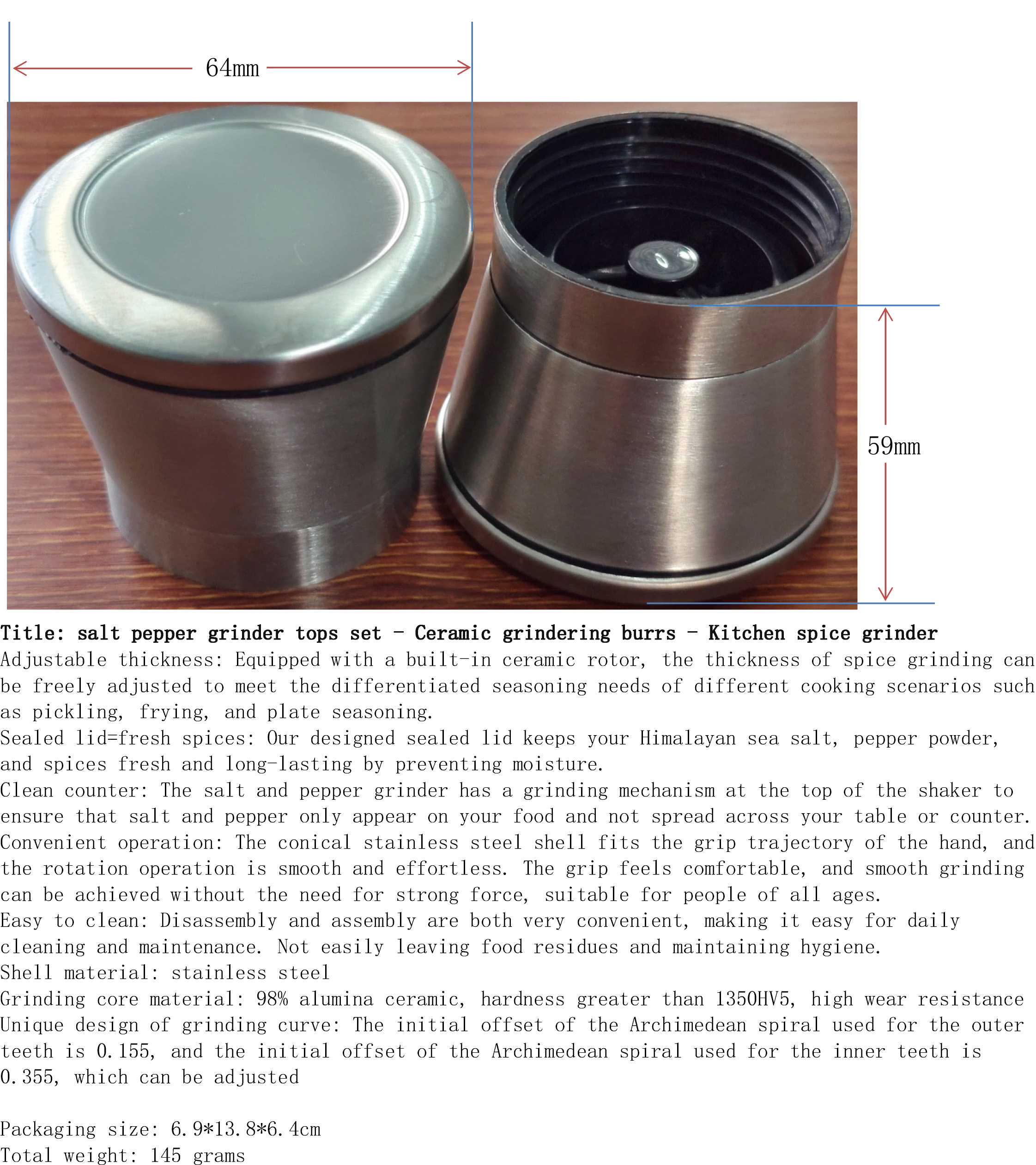 salt pepper grinder tops set - Ceramic grindering burrs - Kitchen spice grinder