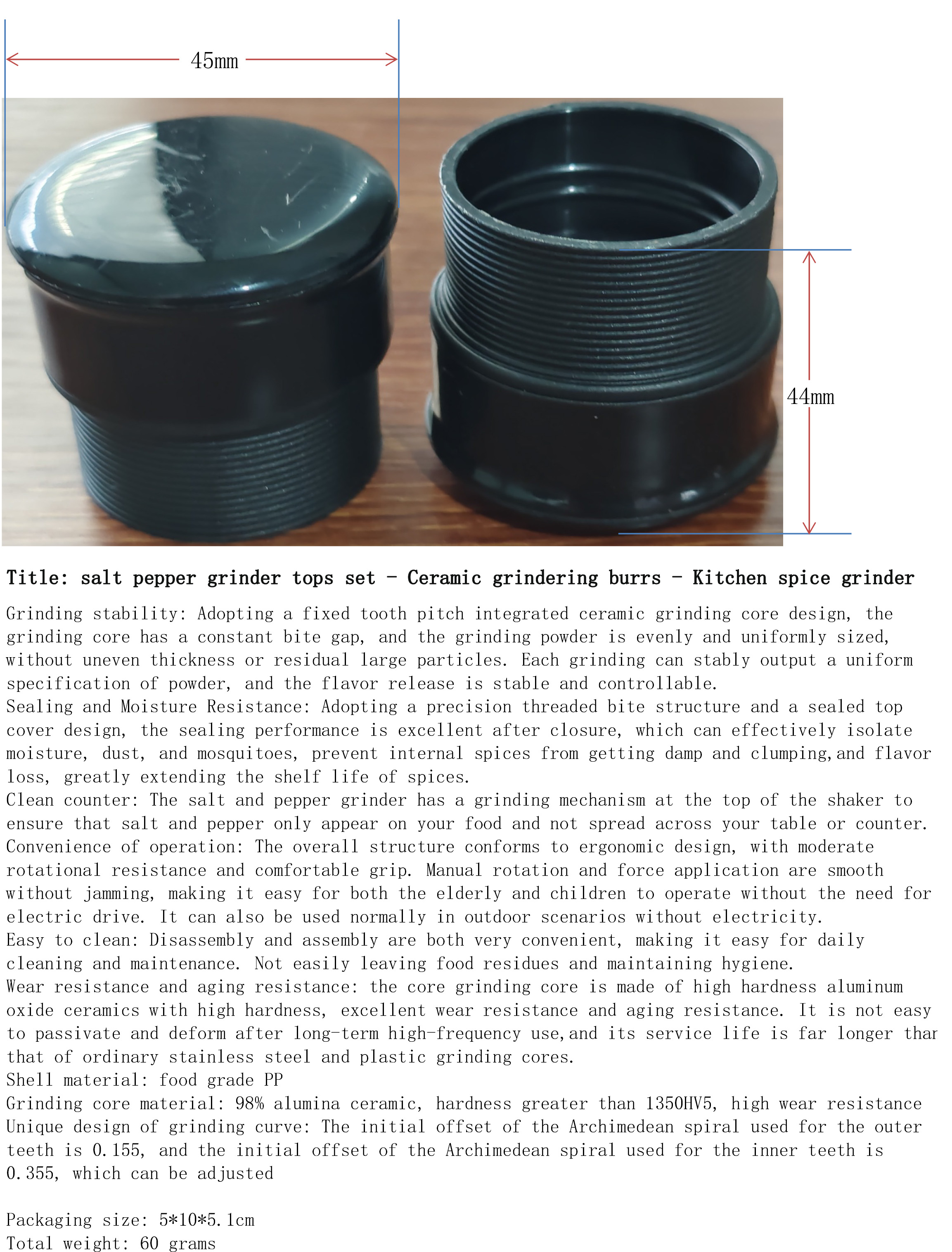 salt pepper grinder tops set - Ceramic grindering burrs - Kitchen spice grinder