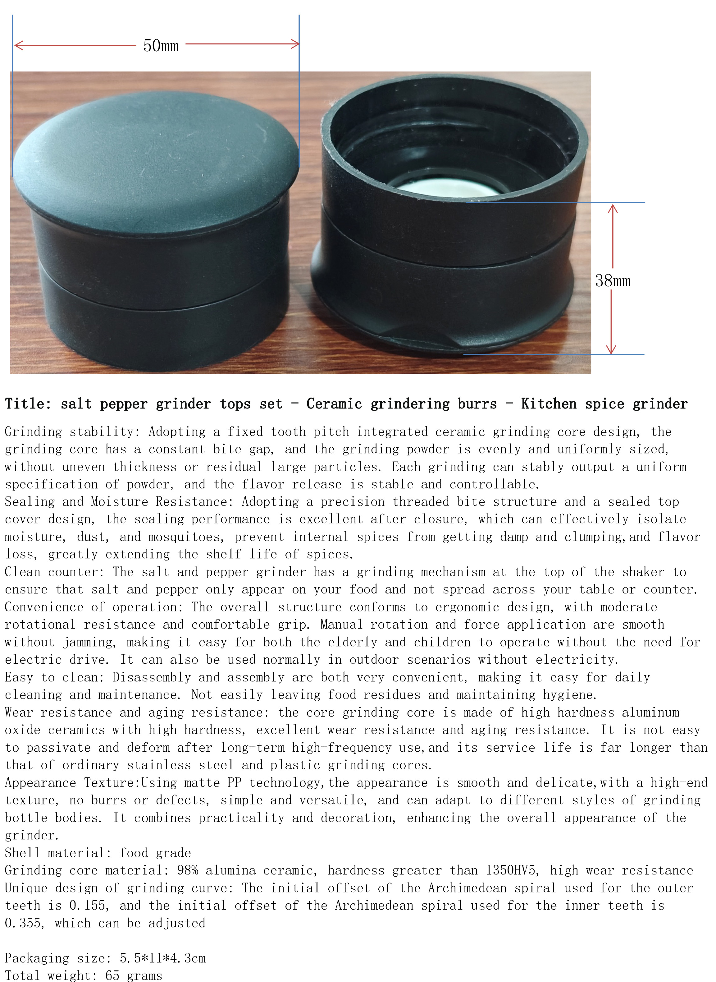 salt pepper grinder tops set - Ceramic grindering burrs - Kitchen spice grinder