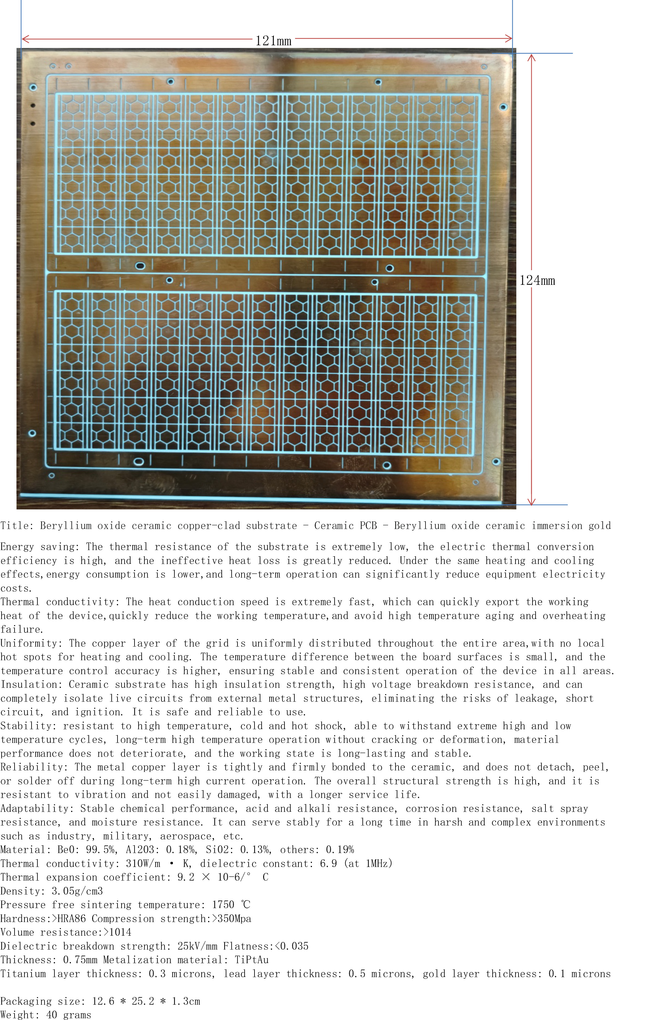 Beryllium oxide ceramic copper-clad substrate - Ceramic PCB - Beryllium oxide ceramic immersion gold