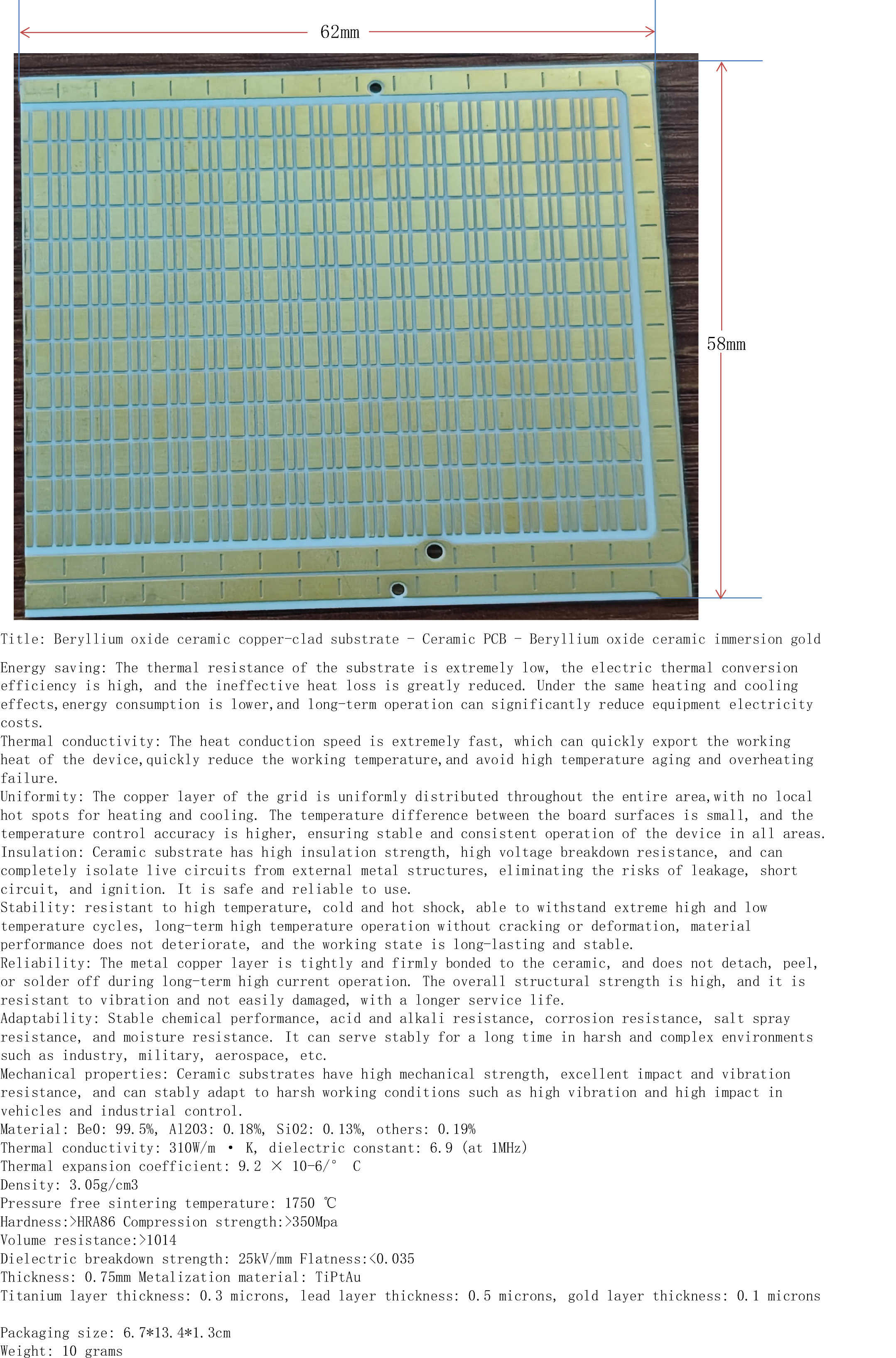 Beryllium oxide ceramic copper-clad substrate - Ceramic PCB - Beryllium oxide ceramic immersion gold