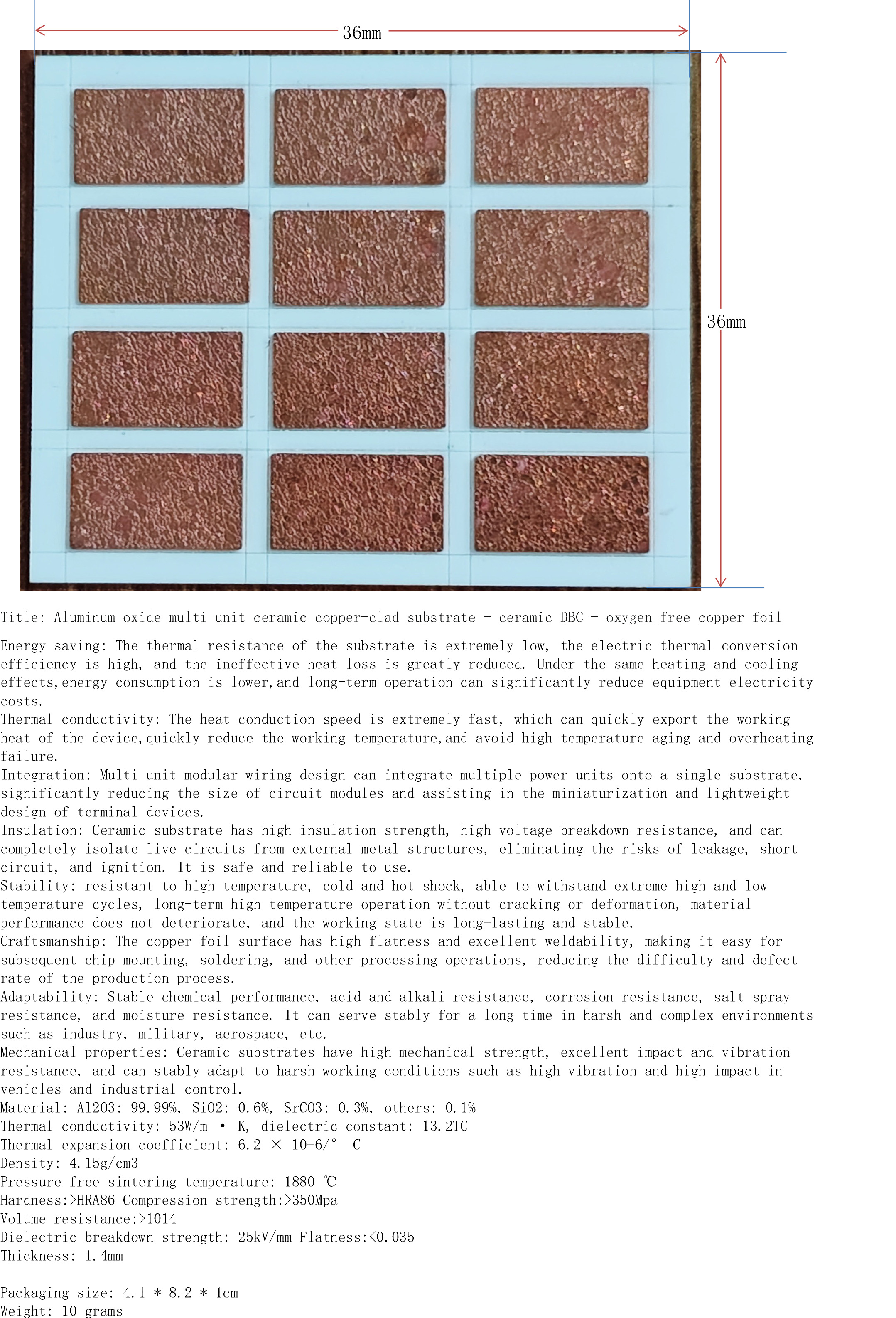 Aluminum oxide multi unit ceramic copper-clad substrate - ceramic DBC - oxygen free copper foil